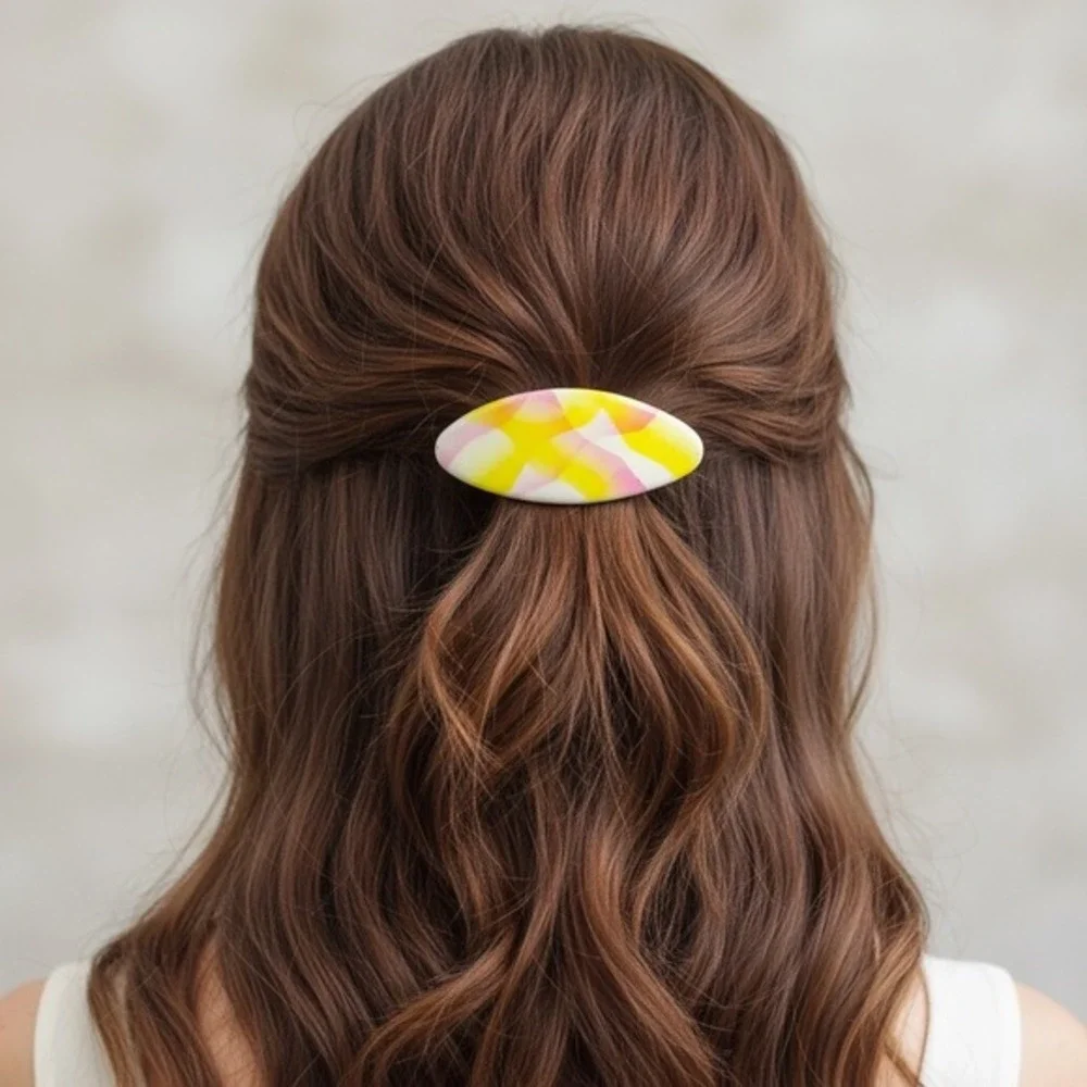Vintage Made In France White Pink Yellow Swirled Marbled Abstract Hair Clip